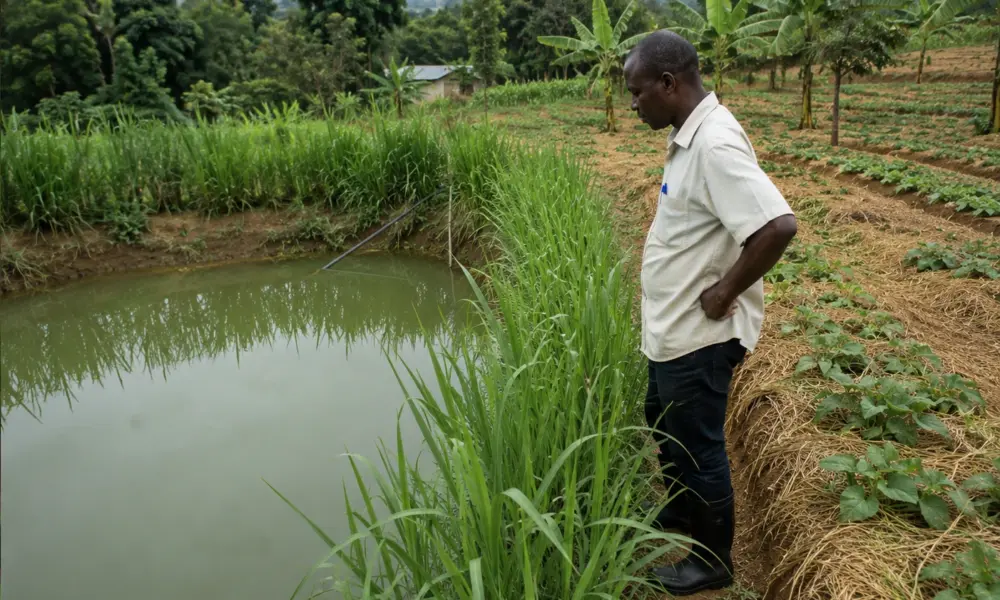 Farmer stands beside a reflective pond on a vegetable farm, inspecting the irrigation channel with tall grasses along the bank.
