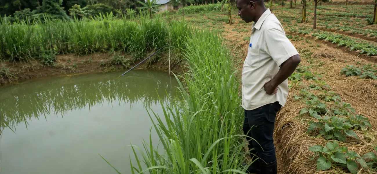 Farmer stands beside a reflective pond on a vegetable farm, inspecting the irrigation channel with tall grasses along the bank.