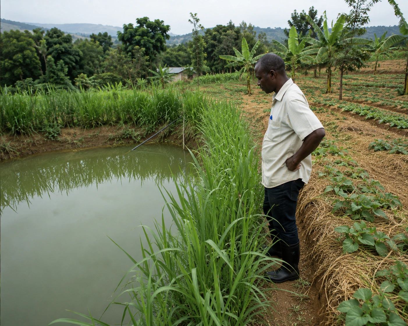 Farmer stands beside a reflective pond on a vegetable farm, inspecting the irrigation channel with tall grasses along the bank.